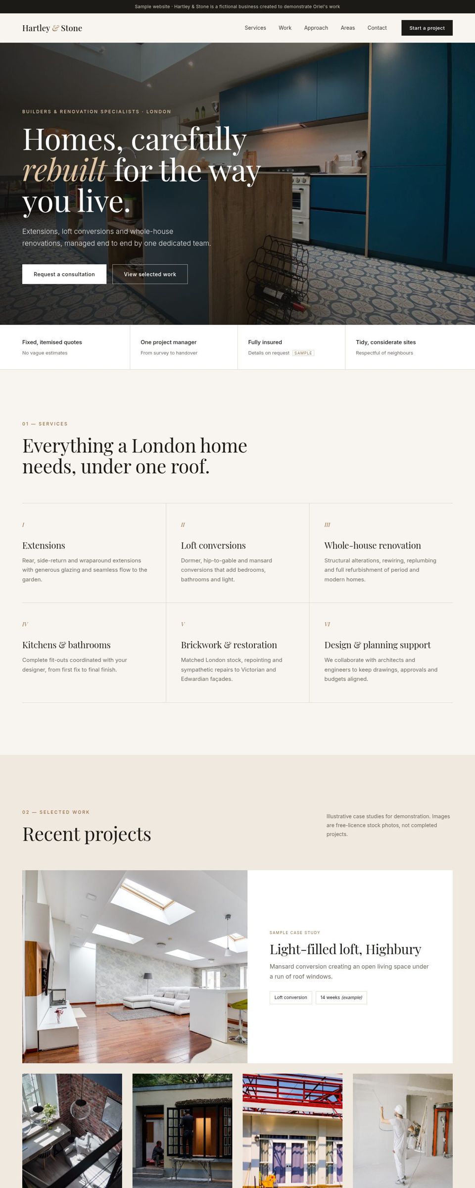 Screenshot of Oriel’s demo website for a London builder