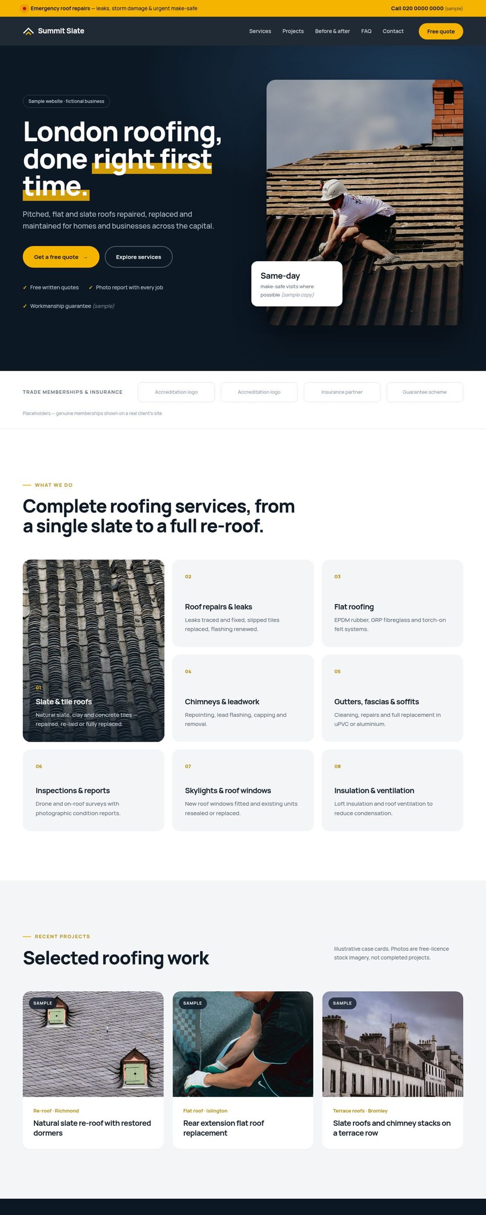 Screenshot of Oriel’s demo website for a London roofer